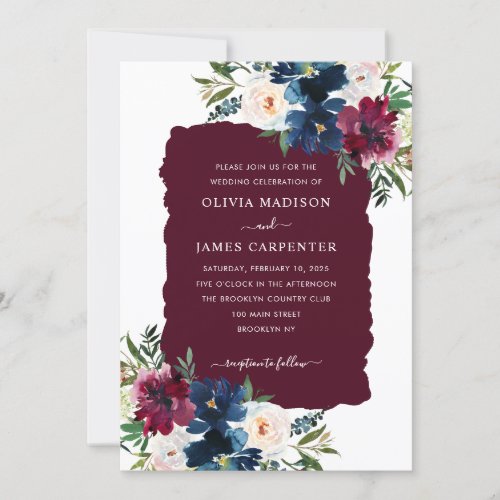 Modern Elegant Burgundy Navy Blue Floral Wedding Invitation