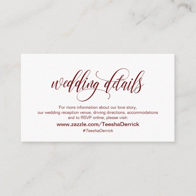 Modern Elegant, Burgundy, Our Wedding Details Enclosure Card (Front)