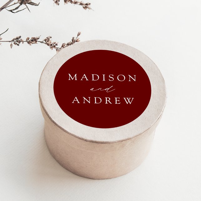 Modern Elegant Burgundy Personalized Wedding Classic Round Sticker (Creator Uploaded)