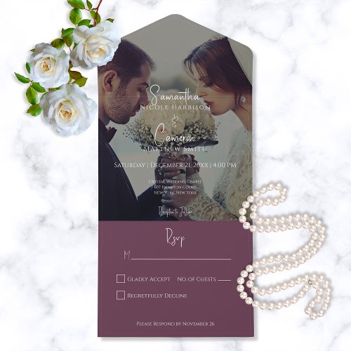 Modern Elegant Burgundy Photo No Dinner All In One Invitation