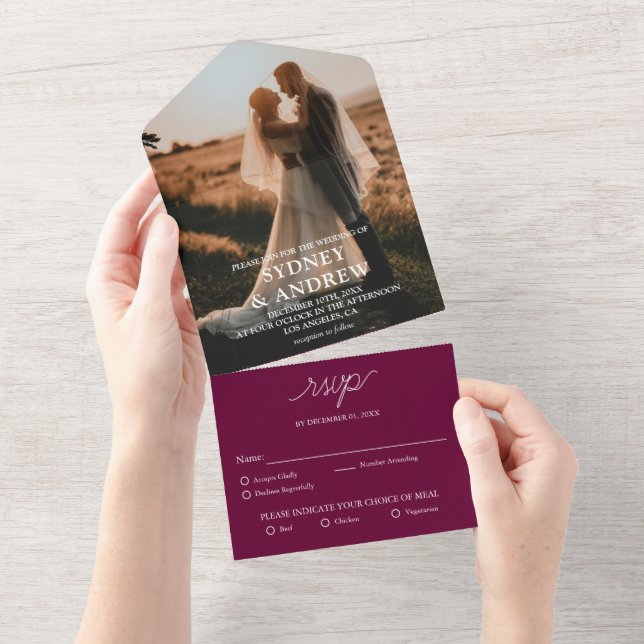 Modern Elegant Burgundy Photo RSVP Wedding All In One Invitation (Tearaway)