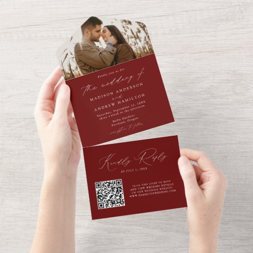 Modern Elegant Burgundy Photo Wedding All In One Invitation