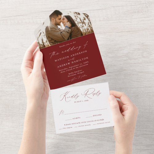 Modern Elegant Burgundy Photo Wedding All In One Invitation