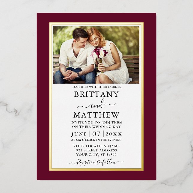 Modern Elegant Burgundy Photo Wedding Gold Foil Invitation (Front)