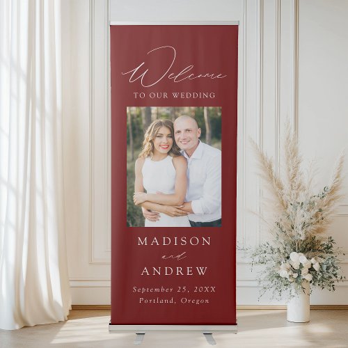 Modern Elegant Burgundy Photo Wedding Welcome Retractable Banner