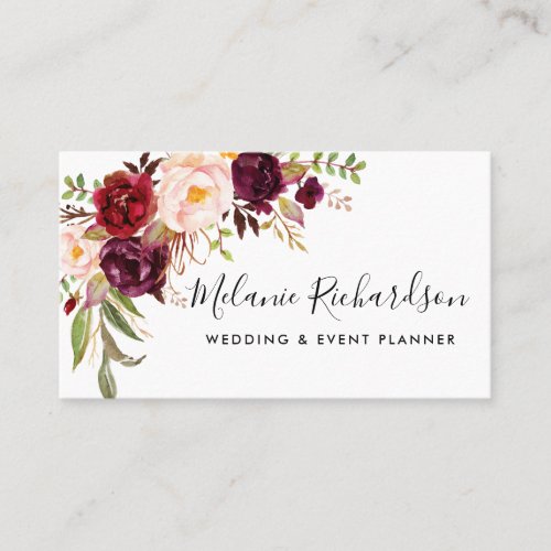 Modern Elegant Burgundy Pink Watercolor Floral Business Card