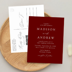 Modern Elegant Burgundy QR Code Wedding Invitation Postcard