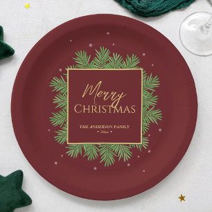 Modern Elegant Burgundy Red Christmas Botanical Paper Plates