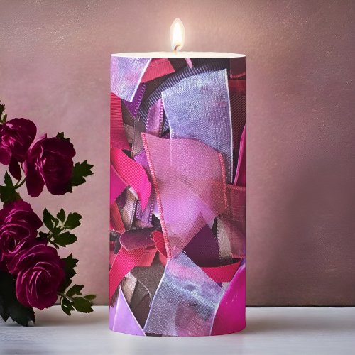 Modern elegant burgundy red pink purple ribbons  pillar candle