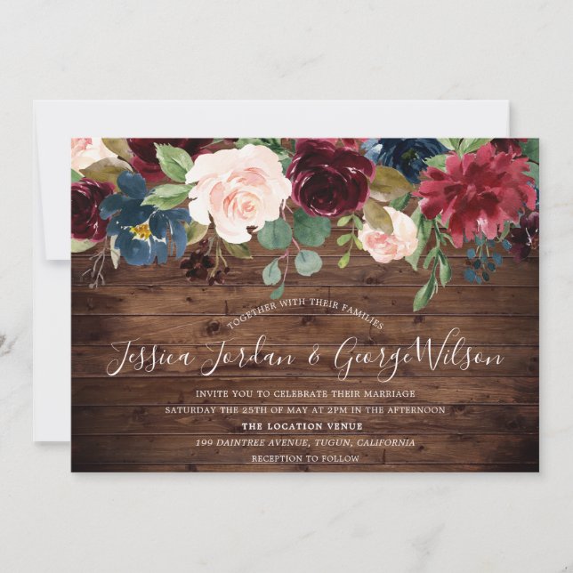 Modern Elegant Burgundy Rustic Fall Wedding Invite (Front)