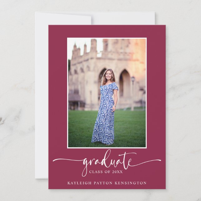 Modern Elegant Burgundy Script Graduation Photo Announcement (Front)