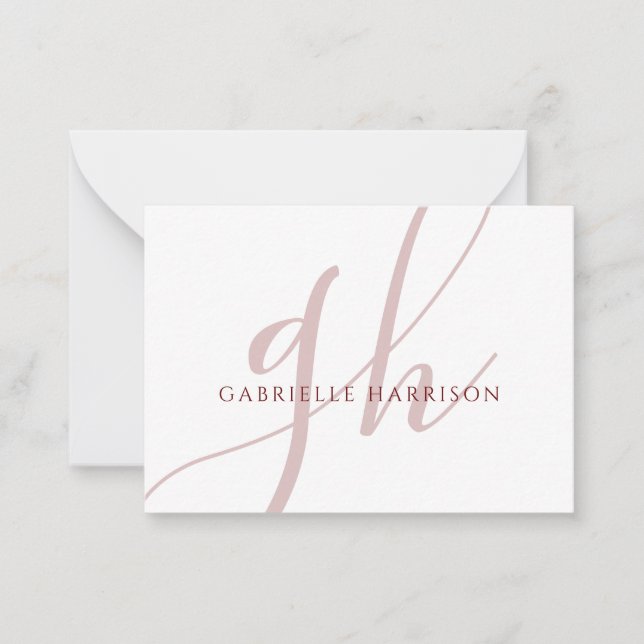 Modern Elegant Burgundy Script Monogram Name Note Card (Front)