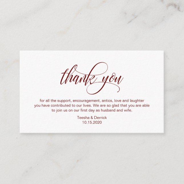 Modern Elegant, Burgundy Script Wedding Thank you Enclosure Card (Front)