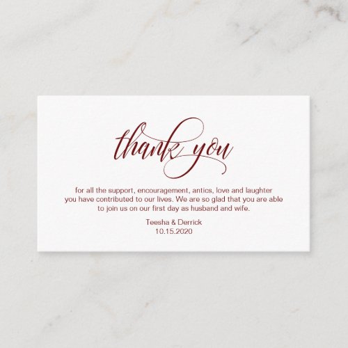 Modern Elegant Burgundy Script Wedding Thank you Enclosure Card