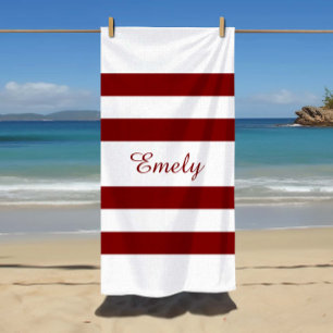 Modern Elegant Burgundy Stripes Pattern Name Beach Towel