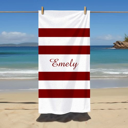 Modern Elegant Burgundy Stripes Pattern Name Beach Towel