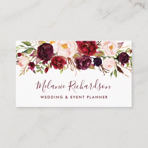 Modern Elegant Burgundy Watercolor Floral Business Card