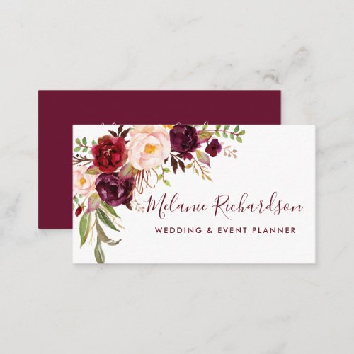 Modern Elegant Burgundy Watercolor Floral Business Card