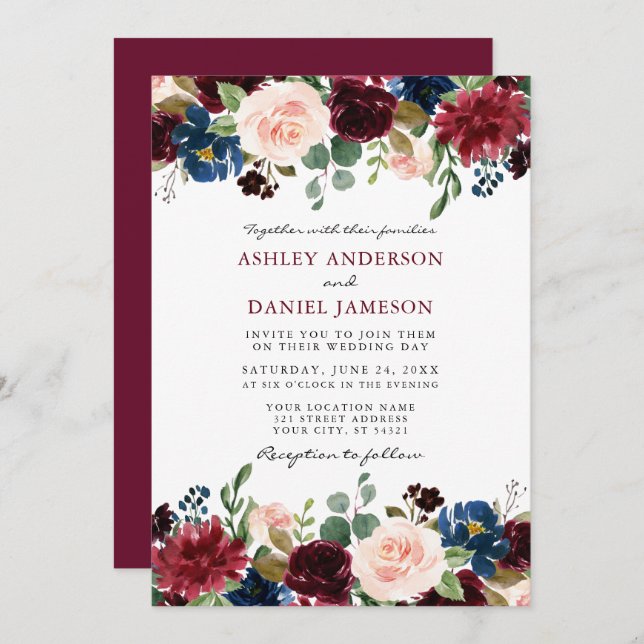 Modern Elegant Burgundy Watercolor Floral Wedding Invitation (Front/Back)