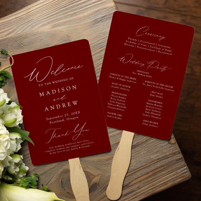 Modern Elegant Burgundy Wedding Program Hand Fan (Creator Uploaded)
