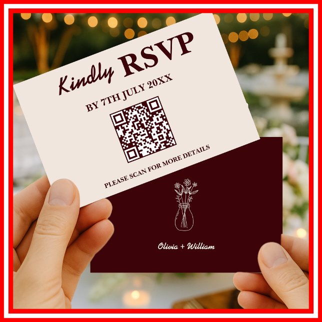 Modern Elegant Burgundy Wedding QR CODE RSVP Card (Creator Uploaded)