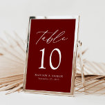 Modern Elegant Burgundy Wedding Table Numbers<br><div class="desc">Trendy, minimalist wedding table number cards featuring white modern lettering with "Table" in modern calligraphy script. The design features a burgundy background or a color of your choice. The design repeats on the back. To order the burgundy table cards: add your name, wedding date, and table number. Add each number...</div>