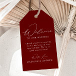 Modern Elegant Burgundy Wedding Welcome Gift Tags<br><div class="desc">These elegant calligraphy wedding welcome gift tags are perfect for both casual and formal weddings. The design features a modern white calligraphy script with a burgundy background or color of your choice. Personalize the burgundy wedding welcome gift tags with a short welcome message, your names, etc. The minimalist wedding gift...</div>
