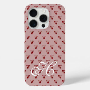 Modern Elegant Burgundy White Monogram Pattern iPhone 15 Pro Case