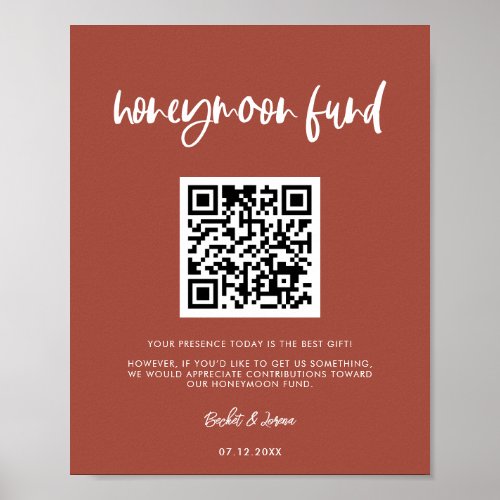 Modern elegant burnt brick Honeymoon fund QR code Poster