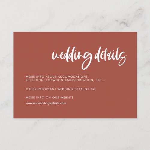Modern elegant burnt brick wedding details card
