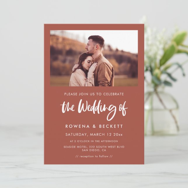 Modern elegant burnt brick wedding photo invitation (Standing Front)