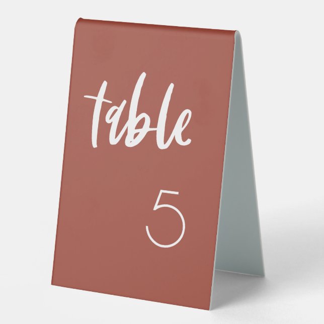 Modern elegant burnt brick wedding table number tent (Front)