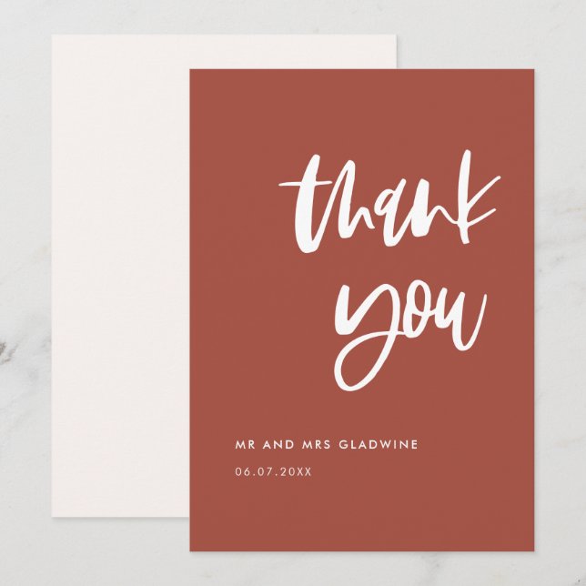 Modern elegant burnt brick wedding Thank you card (Front/Back)