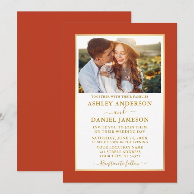 Modern Elegant Burnt Orange Gold Wedding Invitation (Front/Back)