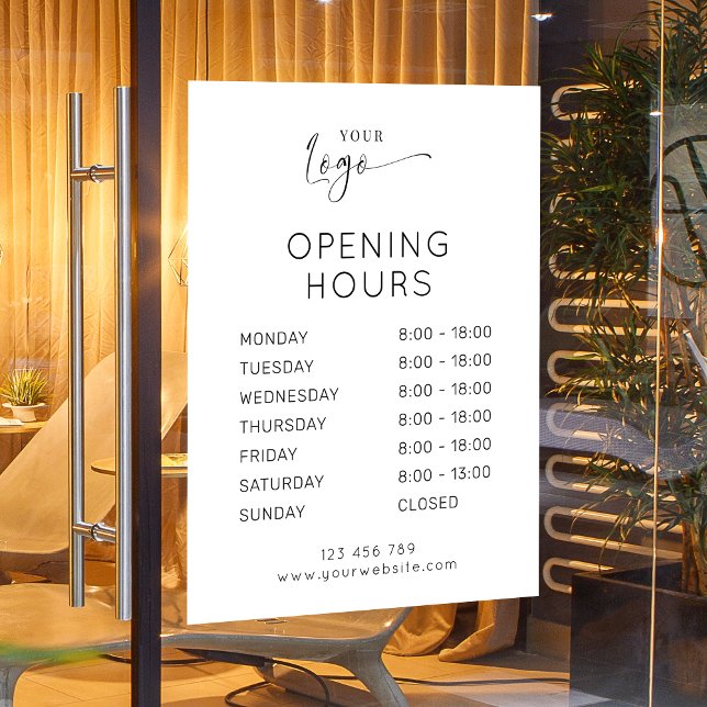 Modern Elegant Business Logo White Opening Hours Window Cling (Elegant logo white and black business opening hours window cling sign)