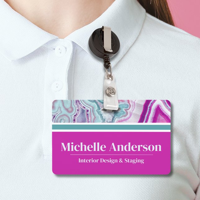 Modern Elegant Business Name Badge (Cute Monogram Initial Teal Magenta Agate Name Badge)