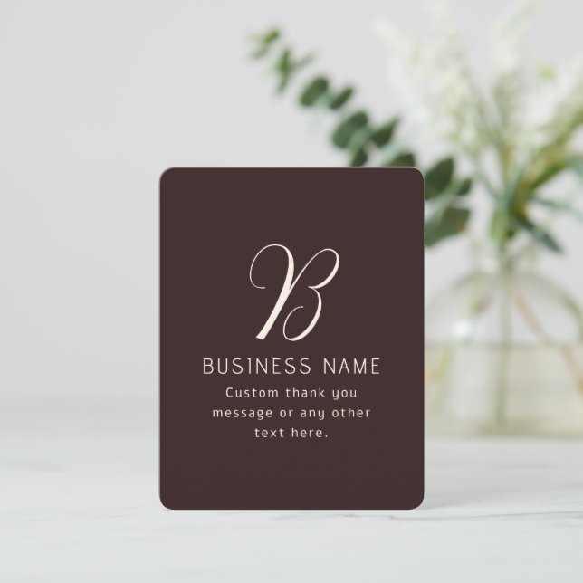 Modern Elegant Business Name Monogram | Dark Brown Thank You Card (Standing Front)