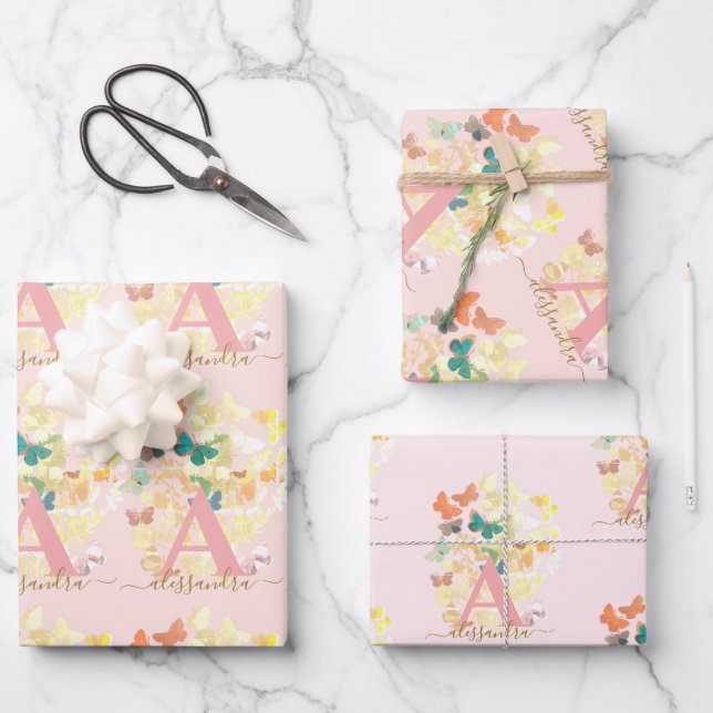 modern elegant butterfly monogram blush gold name wrapping paper sheets (Front)