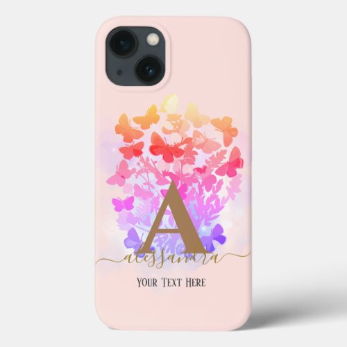 modern elegant butterfly monogram blush pink name  iPhone 13 case