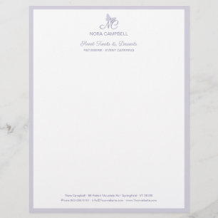 Modern Elegant Butterfly Monogram Lavender Border Letterhead