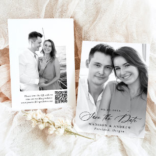 Modern Elegant Calligraphy 2 Photo QR Code Wedding Save The Date