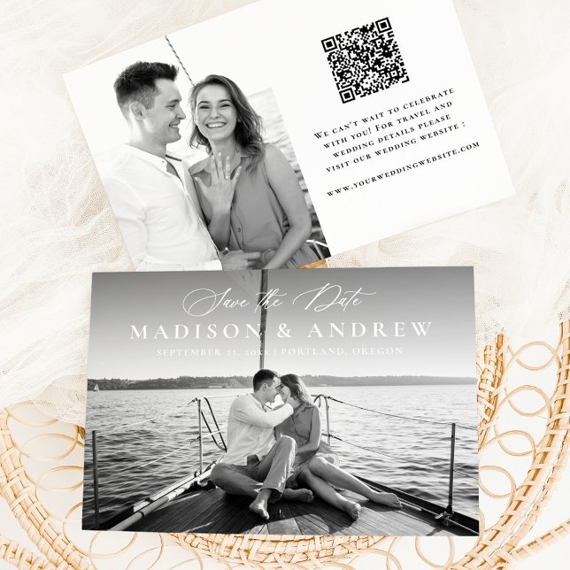 Modern Elegant Calligraphy 2 Photo QR Code Wedding Save The Date (Creator Uploaded)