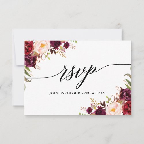 Modern Elegant Calligraphy Burgundy Floral Wedding RSVP Card