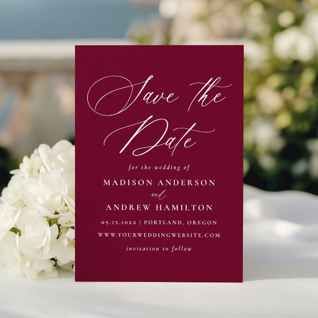 Modern Elegant Calligraphy Burgundy Wedding Save The Date (Creator Uploaded)