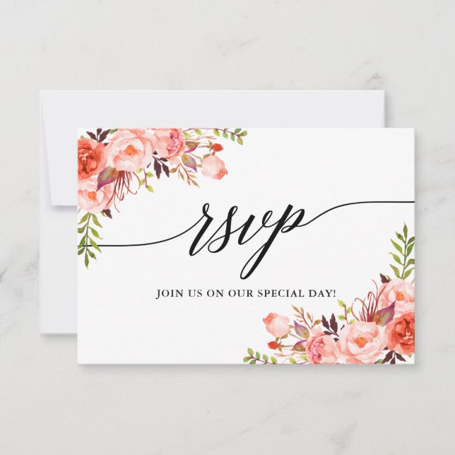Modern Elegant Calligraphy Coral Floral Wedding RSVP Card (Front)