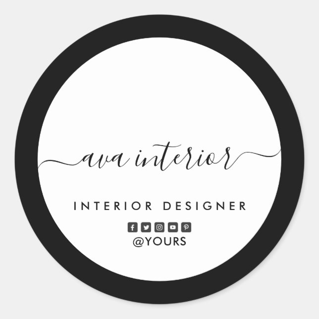 Modern Elegant Calligraphy Designer B&W Social Classic Round Sticker (Front)