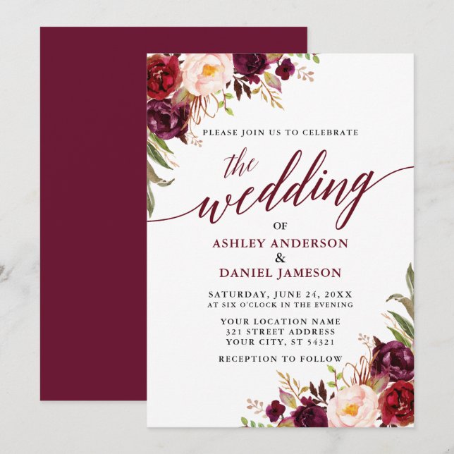 Modern Elegant Calligraphy Floral Burgundy Wedding Invitation (Front/Back)