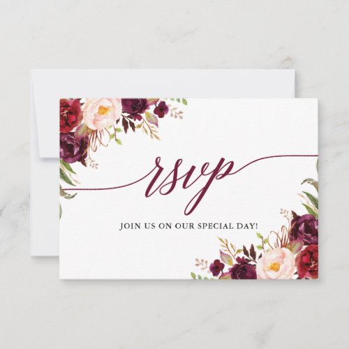 Modern Elegant Calligraphy Floral Burgundy Wedding RSVP Card