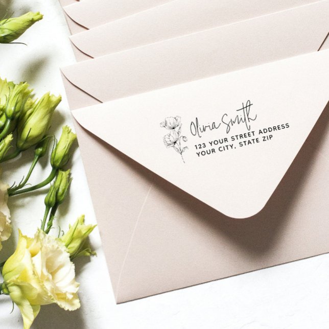 Modern Elegant Calligraphy Flower Return Address Rubber Stamp (Creator Uploaded)