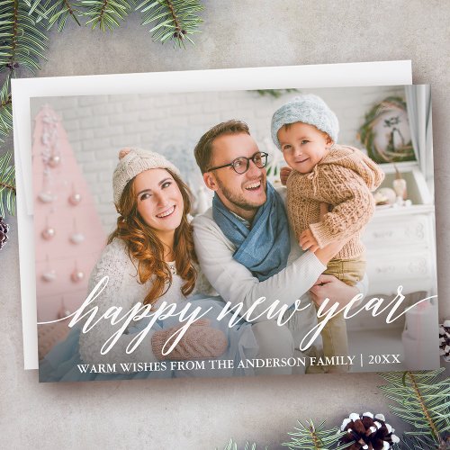 Modern Elegant Calligraphy Happy New Year Photo Holiday Card